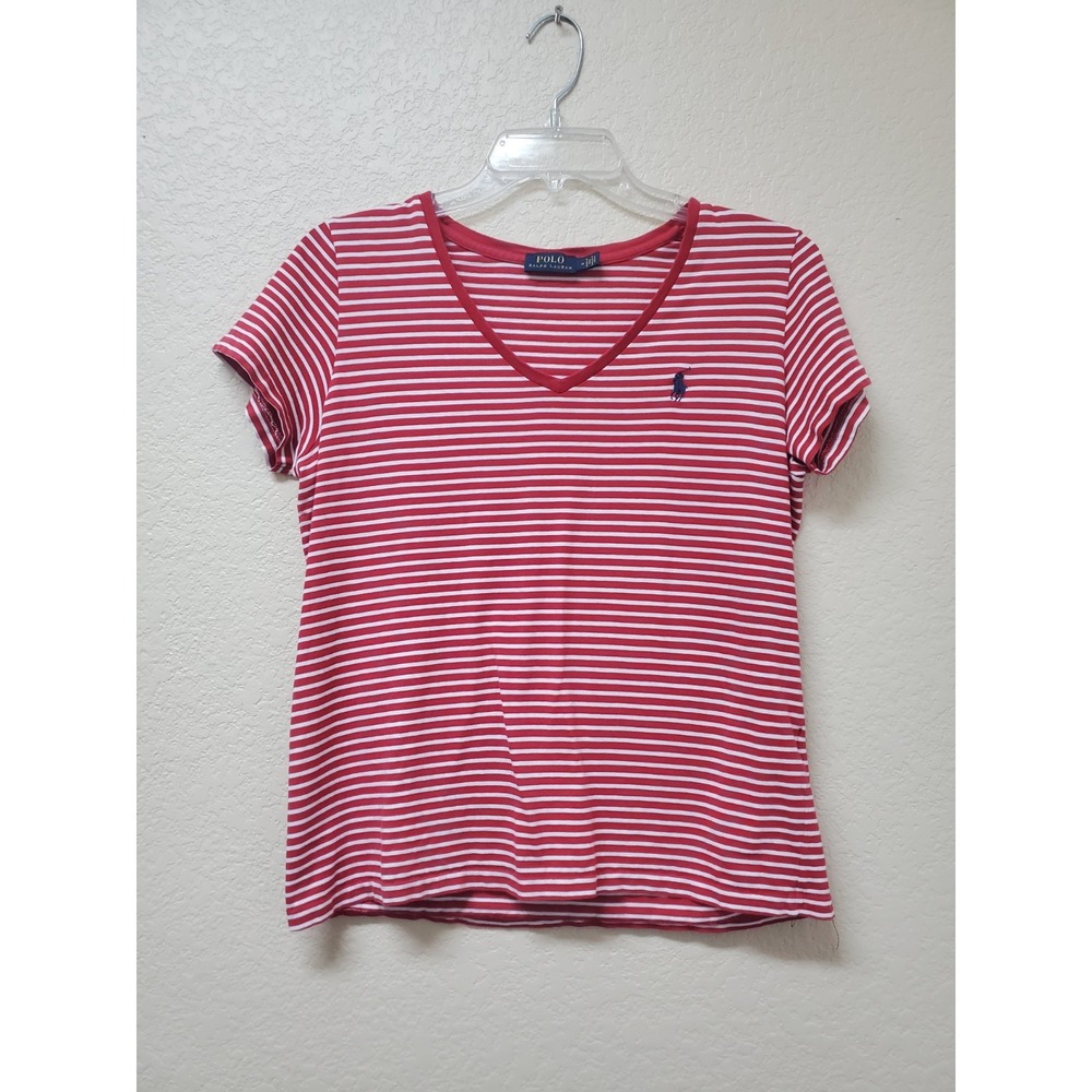 Polo Ralph Lauren Women Red White Striped V-Neck Tee Embroidered Pony Size M